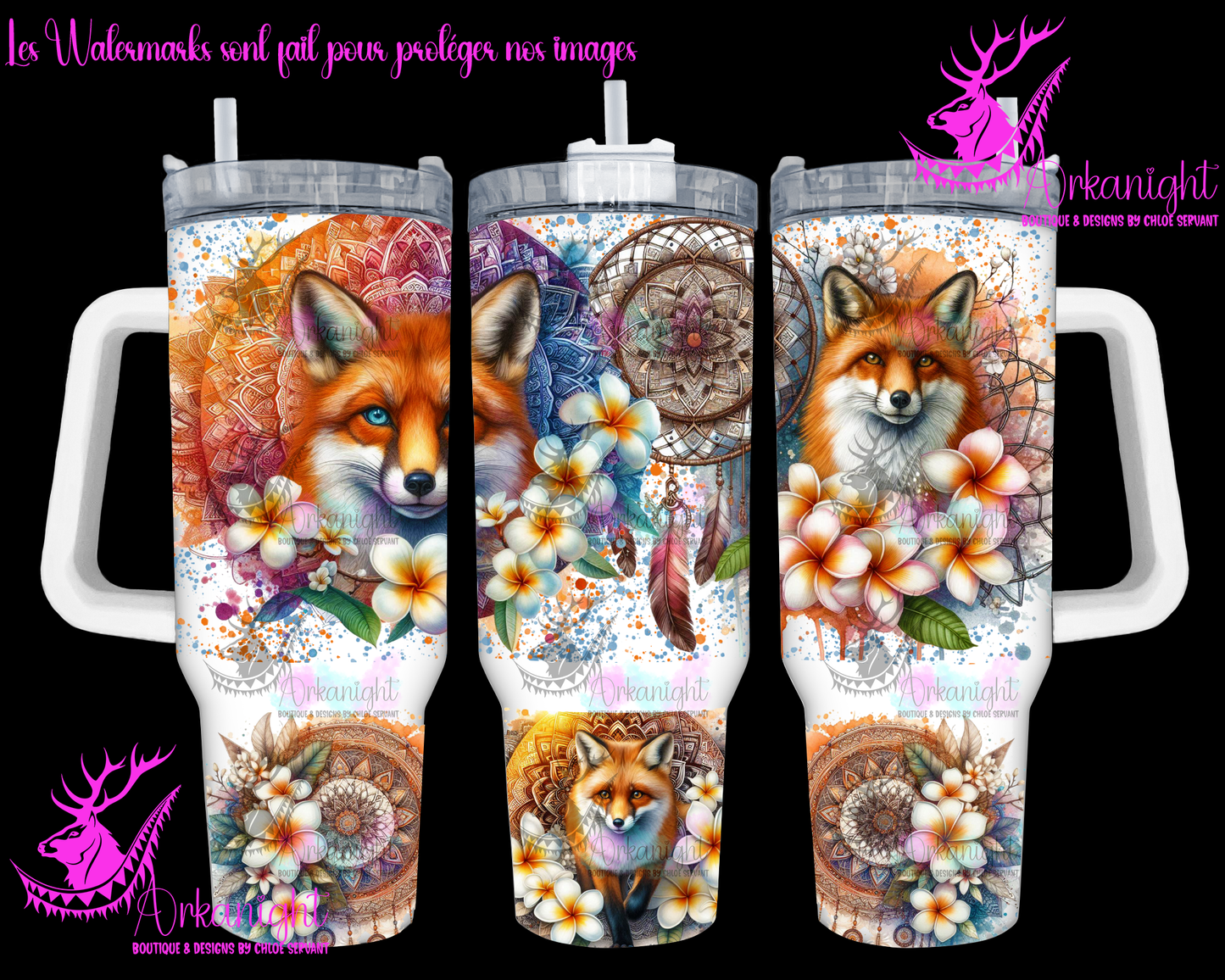 Gourde 40 oz sur commande -  Watercolor Mandalas Fox