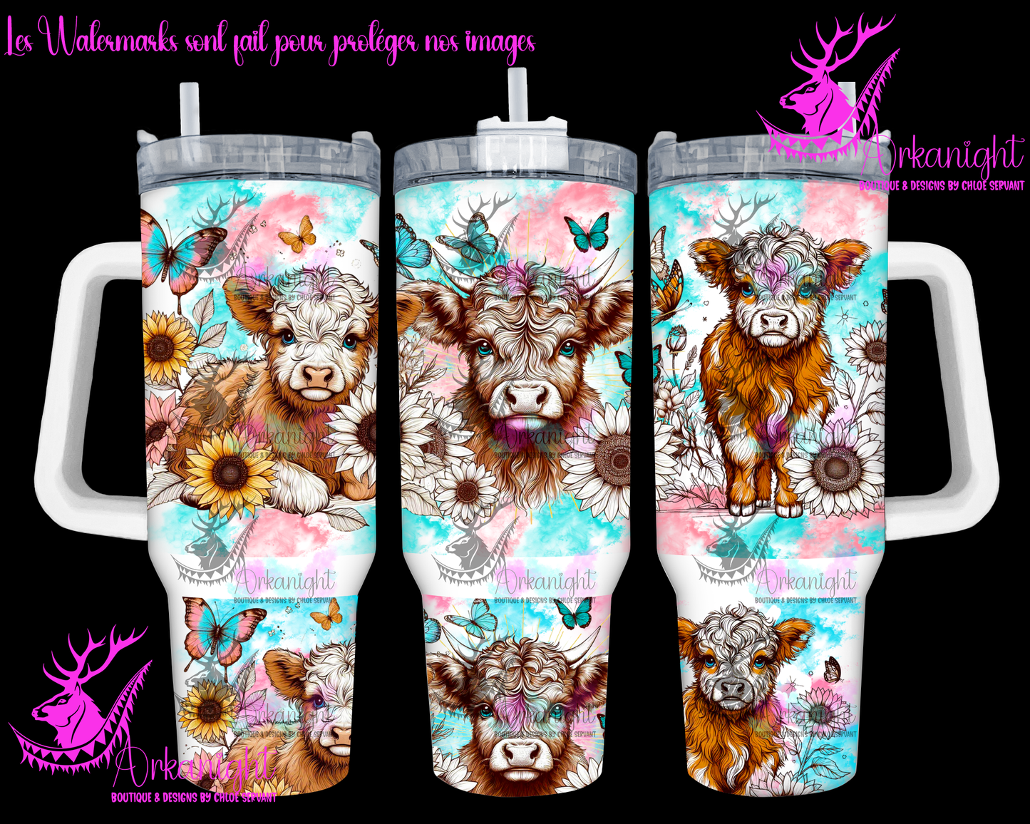 Gourde 40 oz sur commande - Watercolor Boho Cute Highland  cow